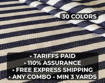 Thick Stripe Upholstery Fabric by Yard – Navy Blue & Beige Herringbone Heavy Woven Material for Sofas, Chairs, Cushions – Bulk 3–15 Yards