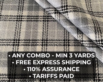 May include: A close-up of a grey and white plaid fabric with black grid lines. The fabric is folded, showing texture and depth. The text on the image reads: "ANY COMBO - MIN 3 YARDS".