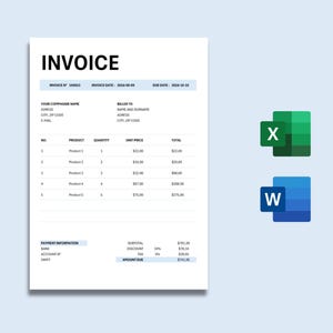Invoice template | Professional invoice | business template | Microsoft WORD and EXCEL | Editable template | Customizable and printable
