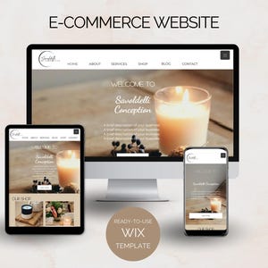 May include: A website mockup for an e-commerce store called "Savoldelli Conception". The website features a simple design with a header, a welcome message, and a call to action to visit the shop. The website is designed to sell candles.
