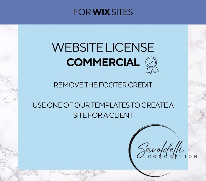 May include: A light blue graphic with the text "FOR WIX SITES" at the top. The text "WEBSITE LICENSE COMMERCIAL" is in the center, with additional text below. A black and white logo is at the bottom.