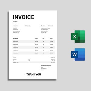 May include: A black and white invoice with the title "INVOICE" and the number "#10405". The invoice includes a description of products, cost, quantity, and total. The invoice also includes payment information. The invoice is accompanied by icons for Microsoft Excel and Word.