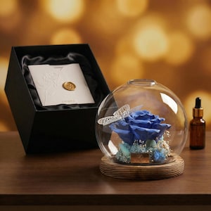 Blue Ceramic Rose in Glass Dome, Handmade Porcelain Flower Aroma Diffuser, Anniversary Gift for Her, Unique Birthday Gift, Scented Decor