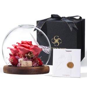 May include: A preserved red rose arrangement in a glass dome, set on a wooden base. Includes a black gift box with a gold ribbon and a white card with a gold seal. The brand name "Cergora" is visible.