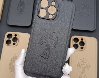 Custodia per telefono in pelle gotica incisa a mano per uomo, donna, coppia, neutra, per iPhone 17, 16, 15, 14, 13, 12 Pro Max Plus, Mini, Opium Cross Y2K, nera