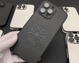 Custodia in pelle Cross Iris per telefono da uomo, donna e coppia, neutra, per iPhone 17, 16, 15, 14, 13, 12, 11 Pro Max Plus, Opium Cross Y2K, design nero