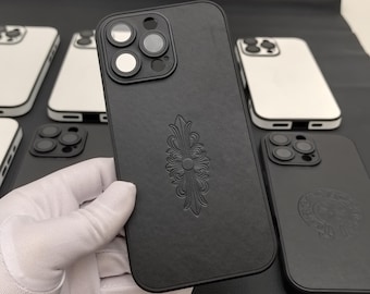 Custodia per telefono in pelle Iris Uomo Donna Coppia neutra iPhone16 15 14 13 12 11 pro Max plus Opium Cross Y2K Designer Cross Cover nera