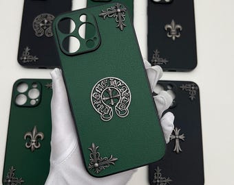 Horseshoe Iris 3D metal leather Phone Case iPhone 16,15,14,13,12,11, Pro Max Plus Men Women Couple Y2K opium designer Green Black cover