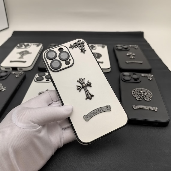 Cross Iris 3D metal leather Phone Case iPhone 17 16 e,15,14,13,12,11, Pro Max Plus Men Women Couple Y2K opium design White Black cover Gifts