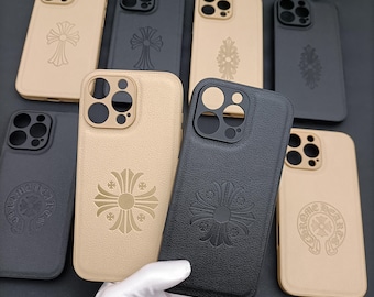 Gothic engraved leather Phone Case Men Woman Couple neutral iPhone16 15 14 13 12 11 pro Max Mini plus Opium Cross Y2K Black Cover