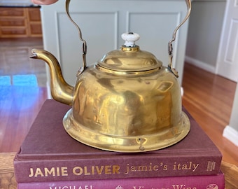 Vintage Brass Fireside Kettle with White Porcelain Accents
