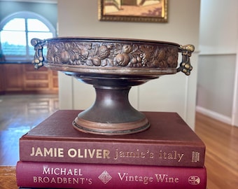 Vintage Repoussé Fruit Motif Pedestal Bowl – Ornate Copper/Brass Tazza