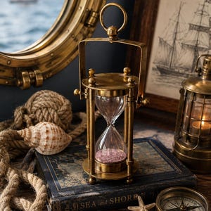Vintage Brass Miniature Hourglass - Swinging Nautical Sand Timer - Retro Pink Sand 1 Minute Egg Timer - Cottagecore Grandmillennial Decor