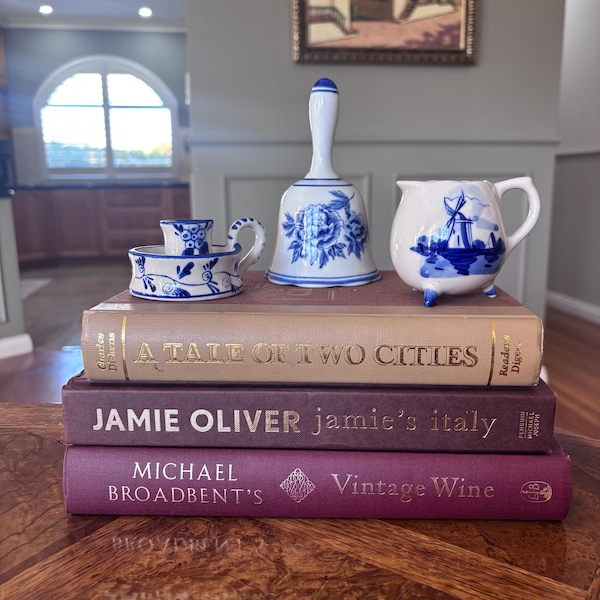 Vintage Blue and White Porcelain Trio - Delft Style Windmill Creamer, Floral Hand Bell, and Finger Loop Candlestick