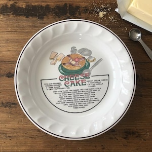 Vintage 1980s Ceramic Cheesecake Recipe Pie Dish – Made in Korea – Retro Farmhouse Kitchen Decor