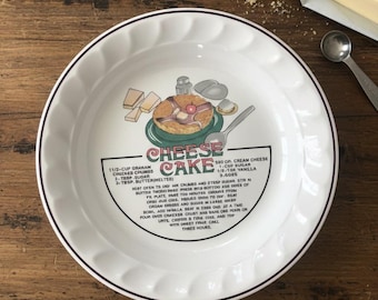 Vintage 1980s Ceramic Cheesecake Recipe Pie Dish – Made in Korea – Retro Farmhouse Kitchen Decor