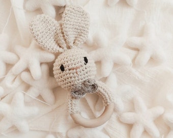 Bunny Rattle, Baby Rattle Bunny, Crochet Bunny Rattle and Teether, Soft Rattle Wooden Crochet, Crochet Animal Amigurumi, Gifts under 20