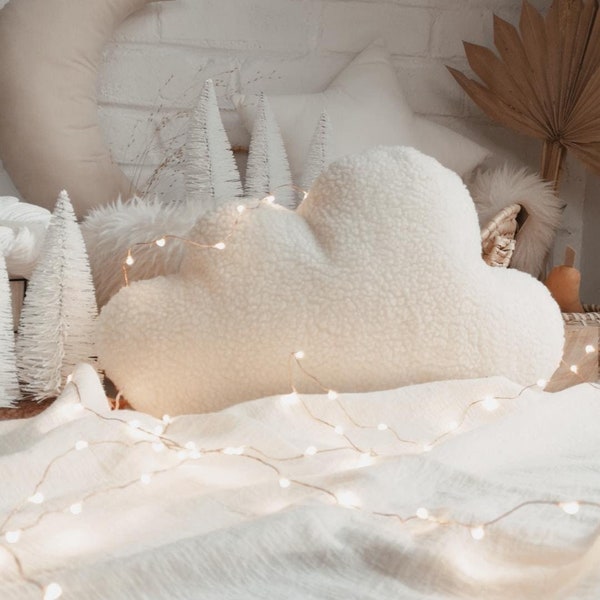 White Sherpa cloud pillow, kids pillow neutral nursery cloud cushions teddy cloud shaped pillow cloud shaped pillow new baby gift decor boys
