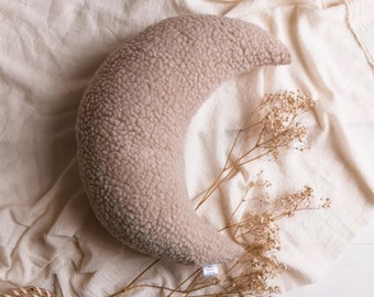 Beige Moon Pillow Teddy Sherpa Moon shaped pillow, Baby boy moon nursery decor, Crescent moon shaped cushion, Neutral nursery pillow