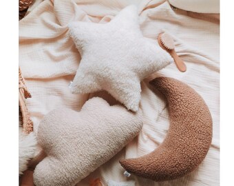 White Boucle Moon and Cloud Decorative Cushions | Bouclé fabric pillows | Moon Cushion | Cloud Cushion | Nursery Decor Boucle pillow