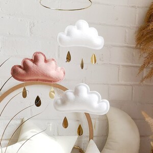 Blush Gold White baby mobile- Cloud Mobile, Blush Nursery Decor, Nursery mobile for baby girl with gold star by The Butter Flying
