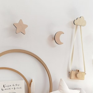 Celestial Kids Wall Hooks Set – Star, Moon, Cloud – Wooden Nursery Wall Hooks Organizer – Boho Baby Room Decor