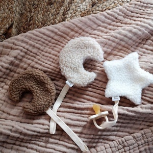 Beige Moon pacifier holder, Teddy lovey, Sherpa Pacifier holder, Moon Paci holder, infant paci holder, Sherpa paci clip, Moon Pacifier Clip
