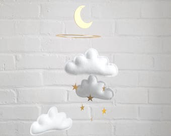 Felt Cloud & Stars Mobile, White and gold nursery, Cloud mobile, Neutral nursery, Star mobile, white baby mobile, nursery, Baby mobile,