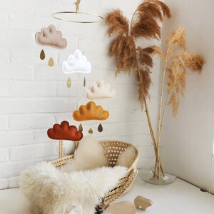 Rust, Ochre, Beige, White, Taupe Baby Mobile, Cloud mobile-Neutral gender nursery mobile-neutral baby gift, Boho Mobile image 1