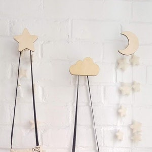 Wall Hooks, Wooden Nursery Hooks, Cloud Hook, Star Hook, Moon Hook | Wall Hooks For Kids, Nursery Decor, Kidsroom Decor