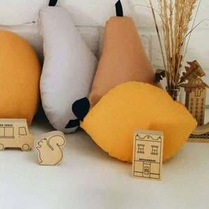 Decorative fruit shape pillows. lemon shaped cushion, Pear shaped pillow, Apple shaped pillow, fruit citrus pillow decor, The butter flying image 2