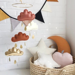 Terracotta and gold nursery, Terracotta, Ivory, Burnt orange and Gold Cloud mobile, Neutral gender nursery, Star mobile, white baby mobile image 1