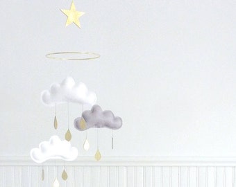 Star and Cloud Baby Mobile, Gold Nursery, Crib Mobile, White, Pale Grey and Soft Gold- White grey cloud- Ceiling Mobile-Baby mobile-