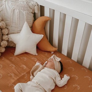Mustard Decorative pillow, Star pillow for kids room, Moon shaped pillow, Baby Girl Boho Nursery Decor, Celestial playroom decor image 7