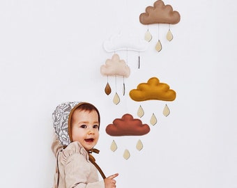 Mobile nuage bébé, Mobile bébé Ocre. Mobile nuage taupe, blanc, beige, ocre, rouille, chambre bébé neutre -naissance- cadeau bébé neutre.