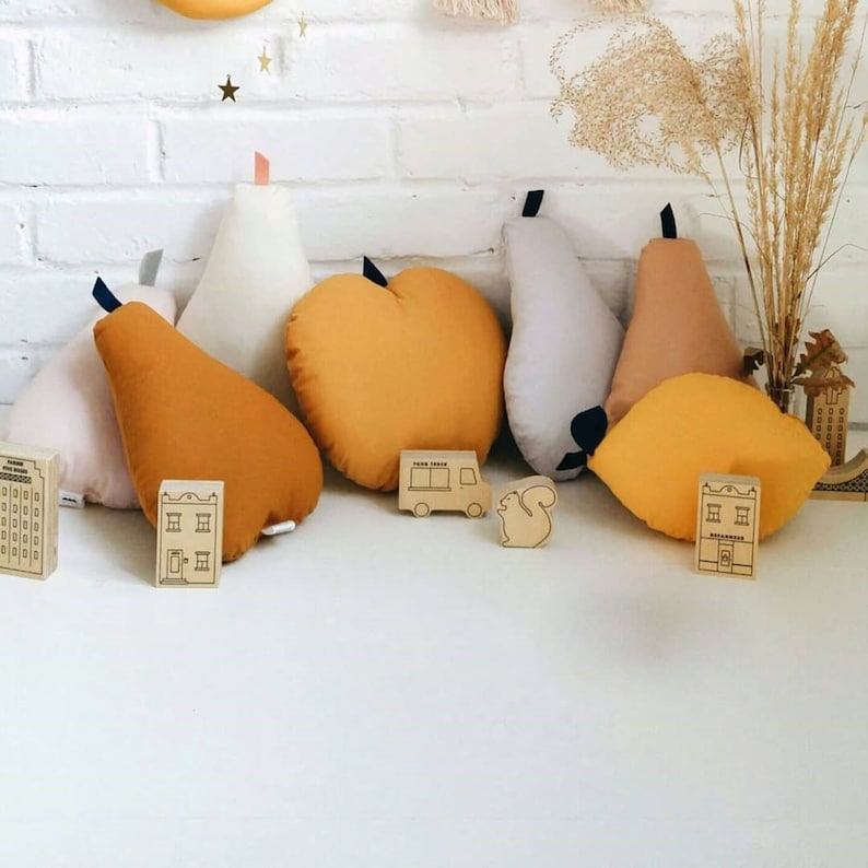 Decorative fruit shape pillows. lemon shaped cushion, Pear shaped pillow, Apple shaped pillow, fruit citrus pillow decor, The butter flying image 2