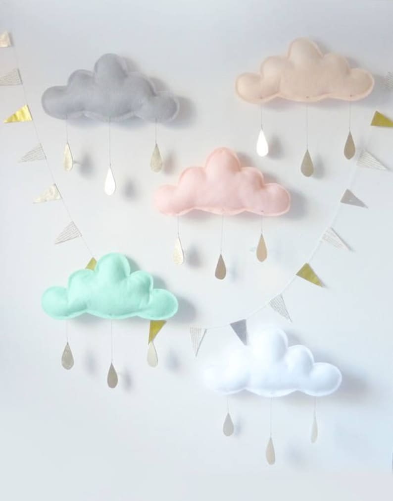 5 clouds to hang grey peach pink green mint and white cloud with the gold rain drops by The Butter Flying image 1