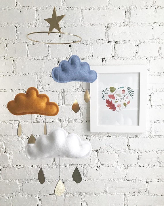 Mobile Bebe Hugo Mobile Nuage Bleu Gris Ocre Etsy
