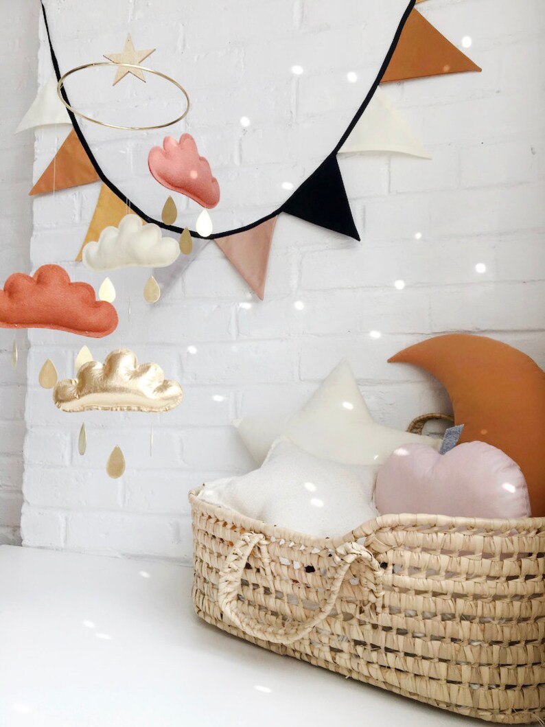 Terracotta and gold nursery, Terracotta, Ivory, Burnt orange and Gold Cloud mobile, Neutral gender nursery, Star mobile, white baby mobile image 6