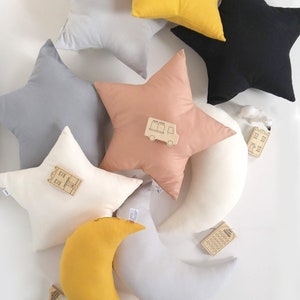 Mustard Decorative pillow, Star pillow for kids room, Moon shaped pillow, Baby Girl Boho Nursery Decor, Celestial playroom decor image 8