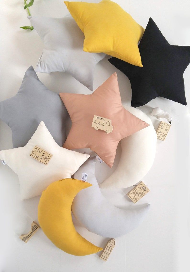 Mustard Decorative pillow, Star pillow for kids room, Moon shaped pillow, Baby Girl Boho Nursery Decor, Celestial playroom decor image 8