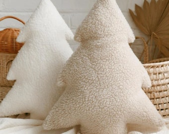 Beige Plush Sherpa Christmas tree pillows, Christmas tree shaped pillows, Xmas pillow, Decorative tree pillow, Holiday throw pillow