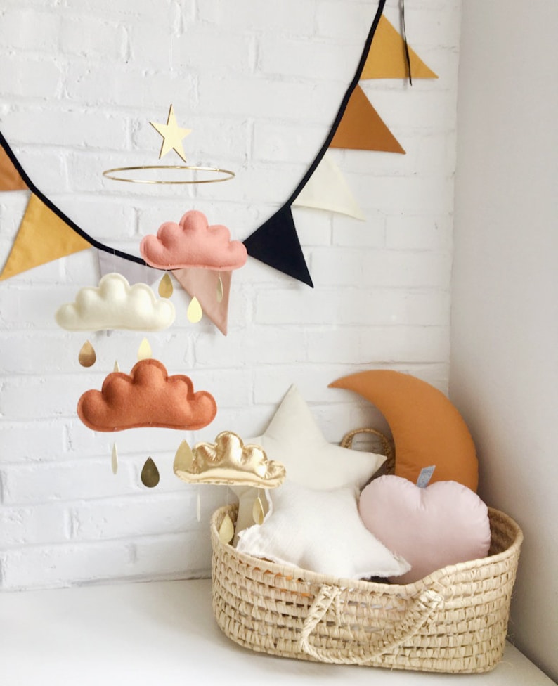 Terracotta and gold nursery, Terracotta, Ivory, Burnt orange and Gold Cloud mobile, Neutral gender nursery, Star mobile, white baby mobile image 10