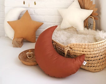 Rust Moon shaped pillow, Star decorative pillows, Moon shaped pillow, Star shaped pillow, Baby neutral nursery decor, Choose your color