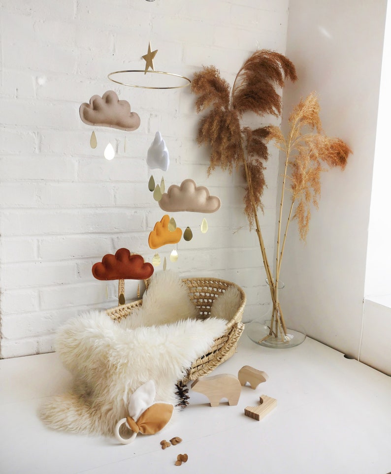 Rust, Ochre, Beige, White, Taupe Baby Mobile, Cloud mobile-Neutral gender nursery mobile-neutral baby gift, Boho Mobile image 6