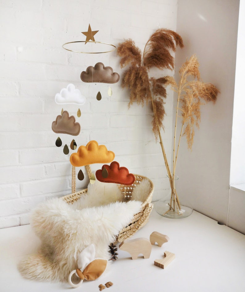 Rust, Ochre, Beige, White, Taupe Baby Mobile, Cloud mobile-Neutral gender nursery mobile-neutral baby gift, Boho Mobile image 2