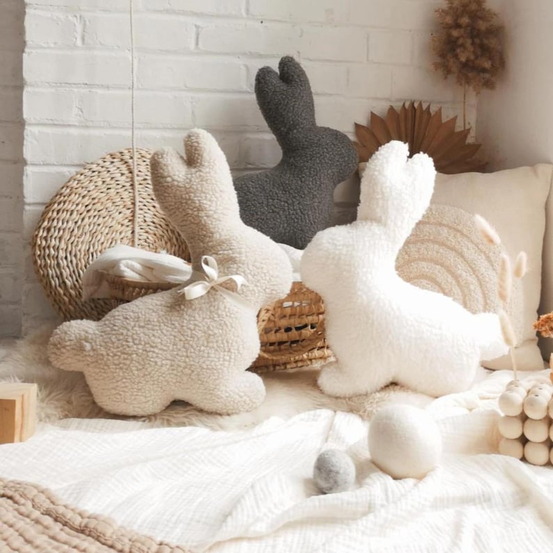 Soft plush bunny pillow detail, cozy rabbit cushion for kids room and nursery