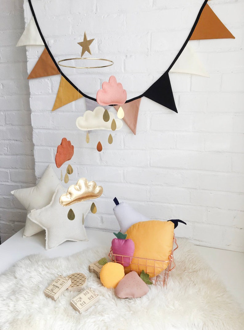 Terracotta and gold nursery, Terracotta, Ivory, Burnt orange and Gold Cloud mobile, Neutral gender nursery, Star mobile, white baby mobile image 9