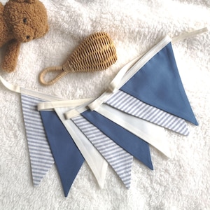 Blue Linen Bunting, Baby Shower Photoshoot, Boy Nursery Decor, Nautical Striped Blue & White, Yatch Kids Room Decor, Highchair Birthday Prop