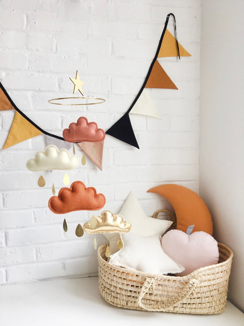 Terracotta and gold nursery, Terracotta, Ivory, Burnt orange and Gold Cloud mobile, Neutral gender nursery, Star mobile, white baby mobile image 8